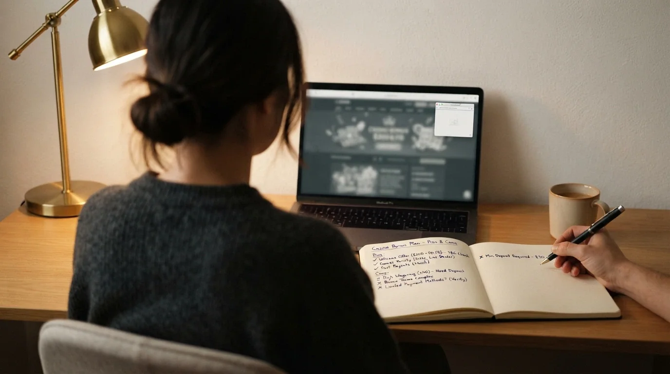 A person sitting at a desk with a laptop, not looking at the screen but at a notebook where they are writing pros and cons, the casino page minimised in the background