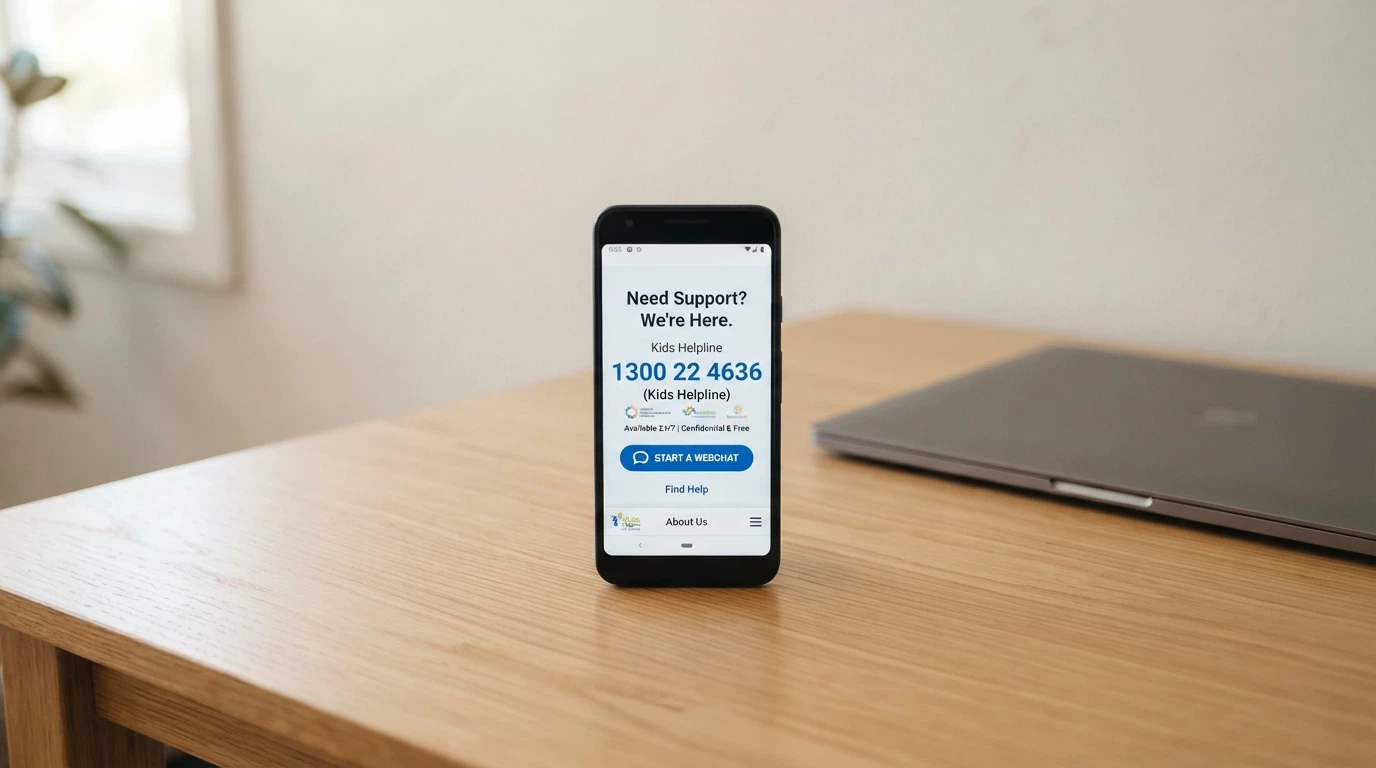 A single mobile phone on a table showing the Gambling Help Online homepage, the 1800 858 858 number visible, next to a closed laptop