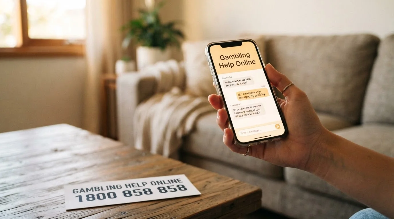 A supportive visual showing the 1800 858 858 National Gambling Helpline number prominently, the BetStop logo and a smartphone displaying the Gambling Help Online chat interface
