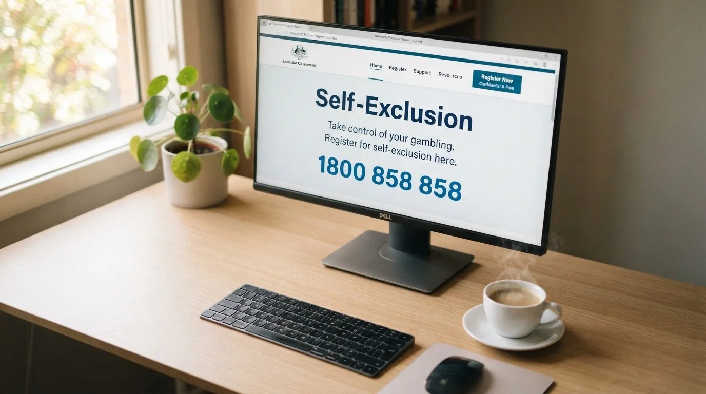 A desktop screen showing the BetStop National Self-Exclusion Register homepage with the 1800 858 858 helpline number visible and a cup of coffee beside the keyboard