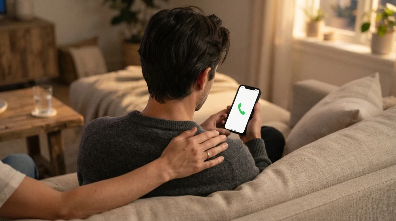 A helpline phone screen or a supportive hand-on-shoulder framing — warm, human, not alarmist — with the 1800 858 858 number implied but not legible as the sole message