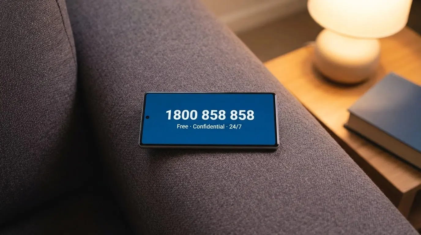 A phone screen displaying the National Gambling Helpline number 1800 858 858 with the words “Free · Confidential · 24/7” beneath it