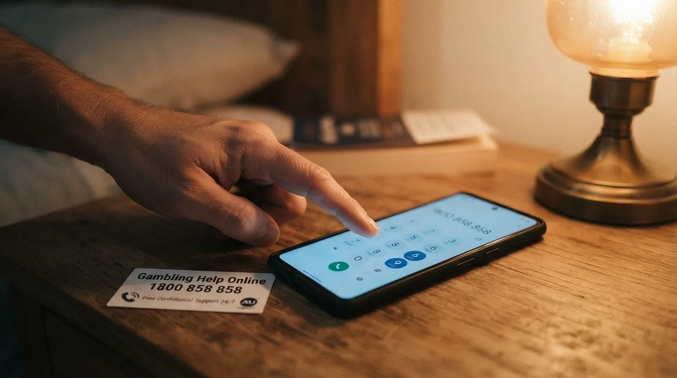 A close-up of a phone keypad with 1800 858 858 partially dialled, a Gambling Help Online card beside it