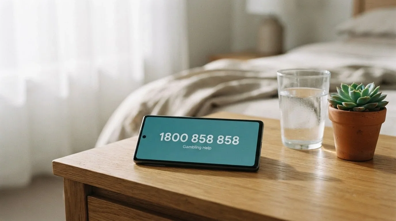 A calm, supportive visual displaying the National Gambling Helpline number 1800 858 858 beside the Gambling Help Online logo