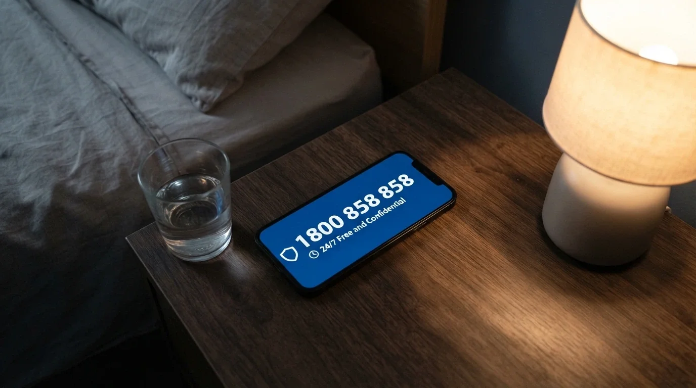 A phone screen displaying the National Gambling Helpline number 1800 858 858 alongside the Gambling Help Online homepage, with the 24/7 service badge and the Australian Government crest visible