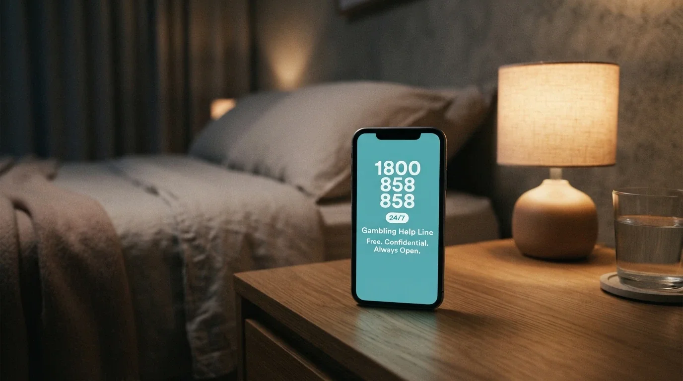 A phone screen displaying the Gambling Helpline 1800 858 858 number with a 24/7 badge