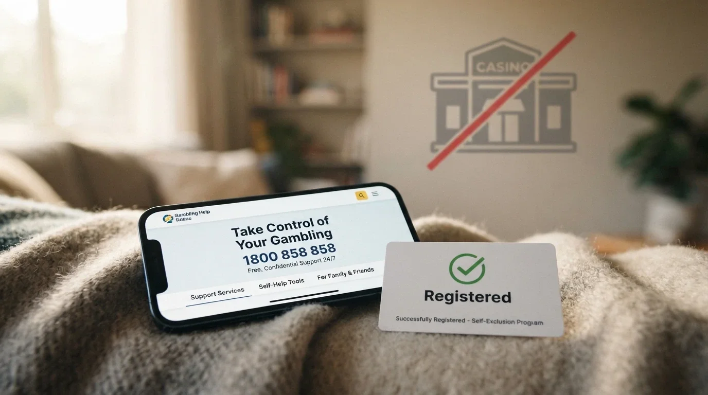 A phone screen displaying the Gambling Help Online homepage with the 1800 858 858 number prominent, beside it a BetStop registration confirmation screenshot, a faint offshore casino logo crossed out in the background