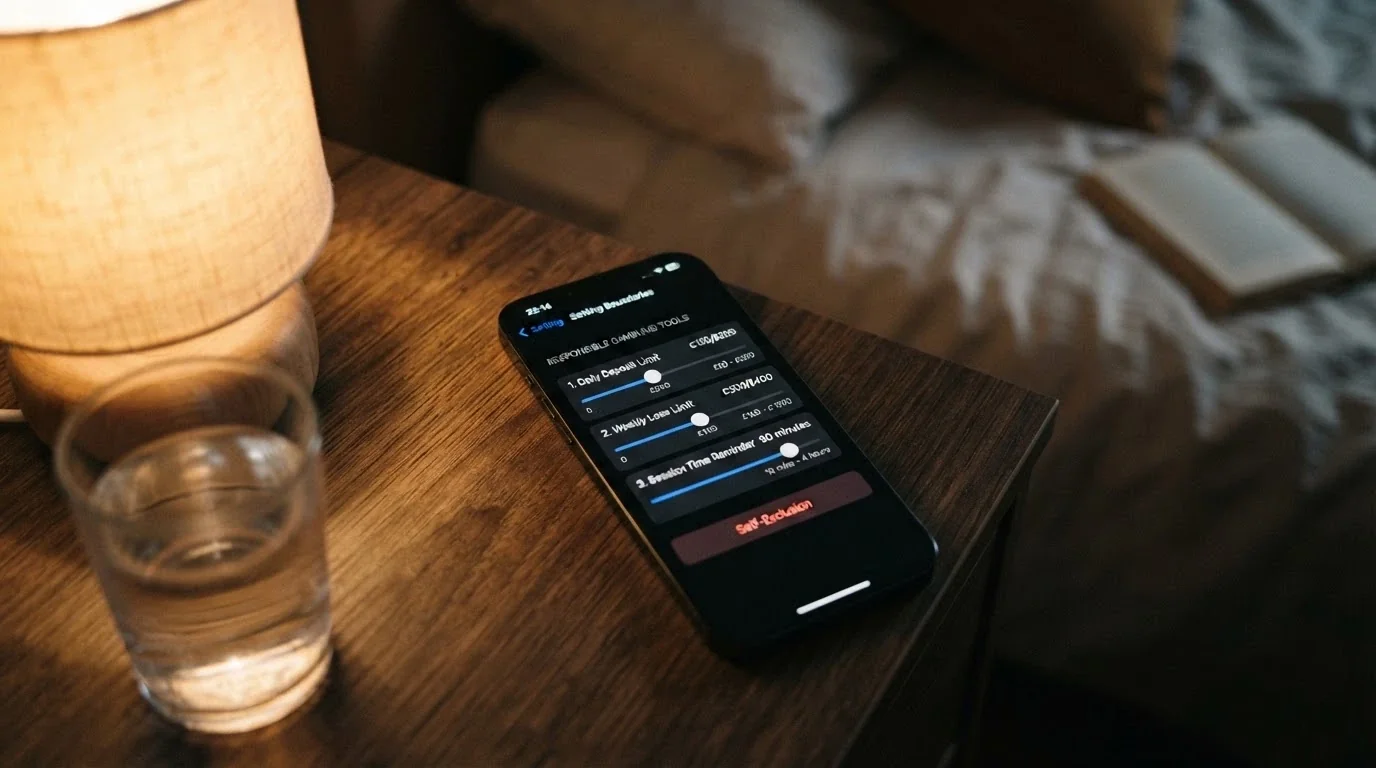 An iPhone screen showing deposit-limit and self-exclusion settings inside a casino account settings menu