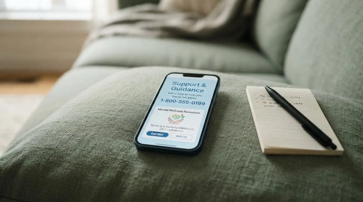 A phone screen displaying the Gambling Help Online homepage or the National Gambling Helpline number (1800 858 858), with a calm, supportive visual tone.