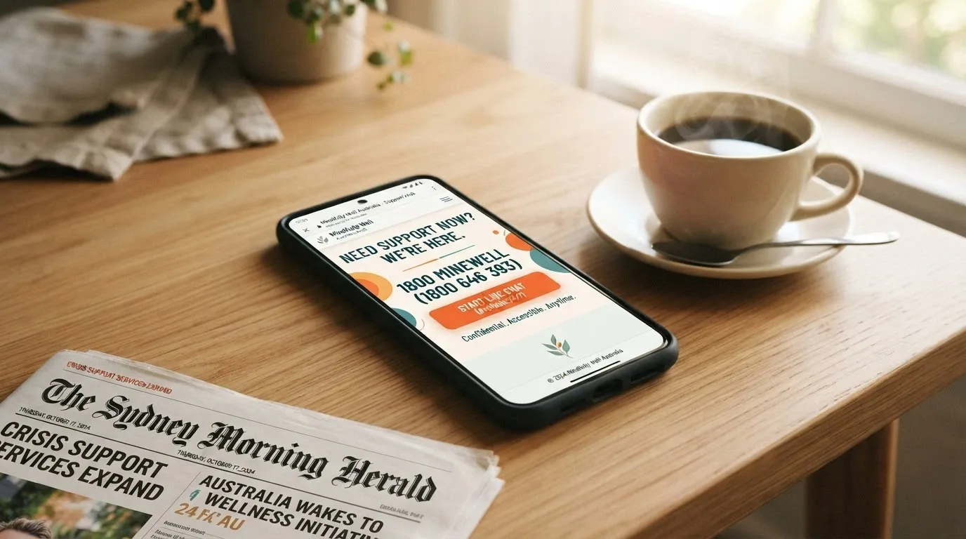 A close-up of a phone screen showing the Gambling Help Online homepage and the 1800 858 858 number, with a cup of coffee next to it on a wooden table