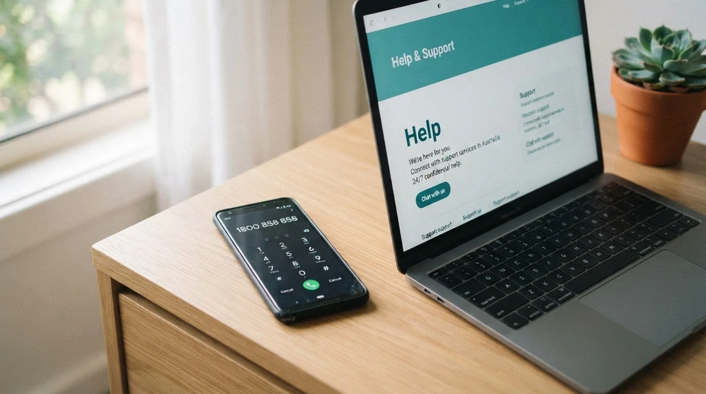 A close-up of a phone keypad with 1800 858 858 partially dialled, beside a Gambling Help Online screen
