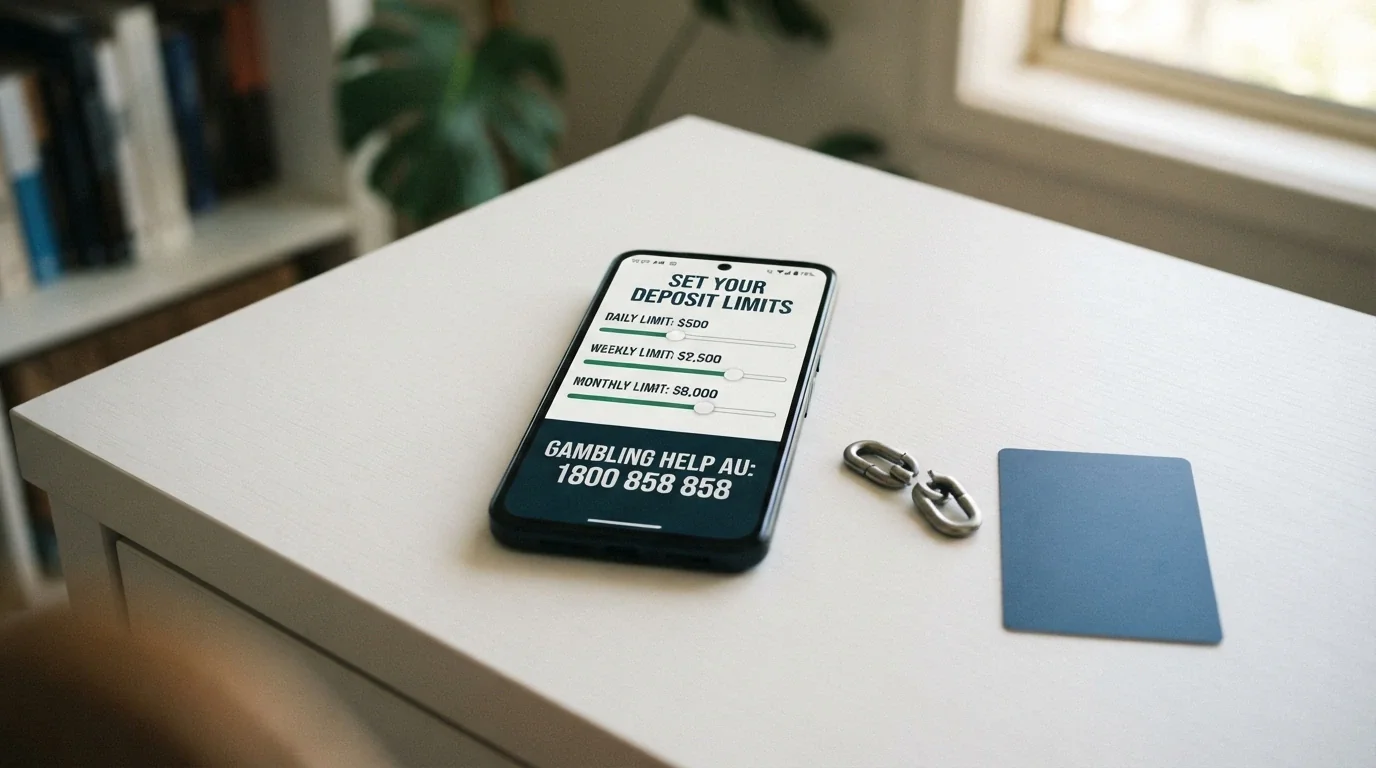 A smartphone screen showing the BetStop registration interface, a helpline number (1800 858 858) and a set of deposit-limit sliders, with a broken-link icon beside an offshore-casino logo in the corner