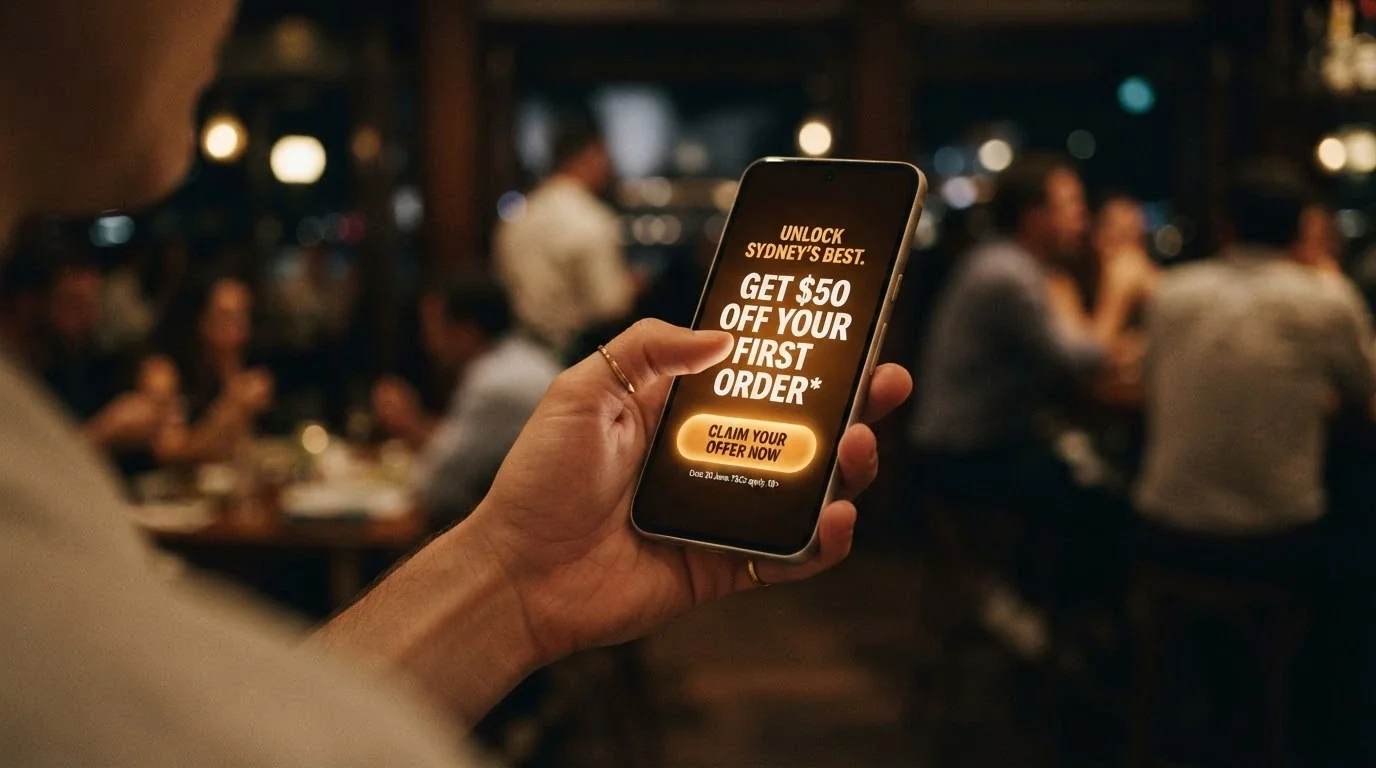 A pair of hands holding a phone with a casino sign-up screen, one thumb hovering over the claim button — the image captures the moment of decision