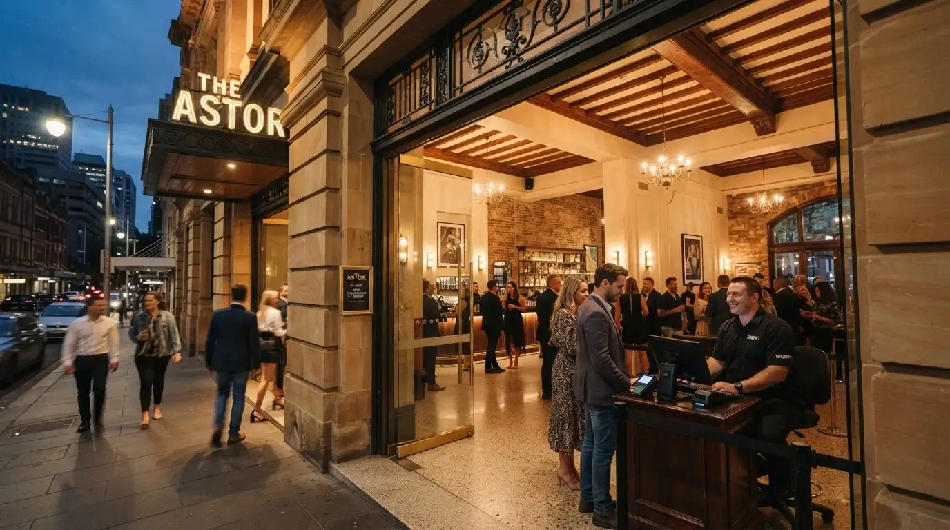 The main entrance to SkyCity Adelaide with a security desk visible, a sign indicating 18+ entry, and patrons in smart casual attire walking through
