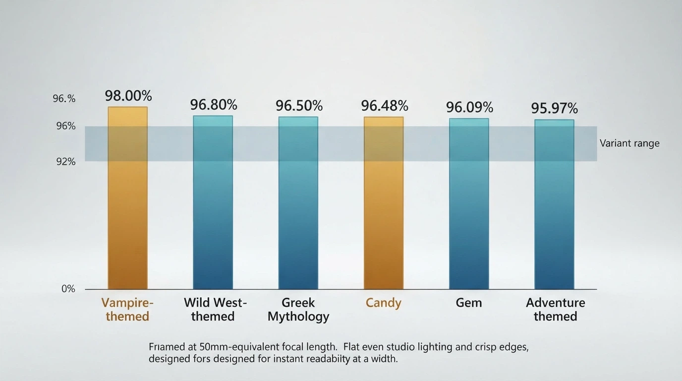 A bar chart comparing six slot titles by RTP percentage, with Sweet Bonanza and Blood Suckers highlighted at opposite ends, and a shaded band showing the Pragmatic Play variant range from 92% to 96.5%