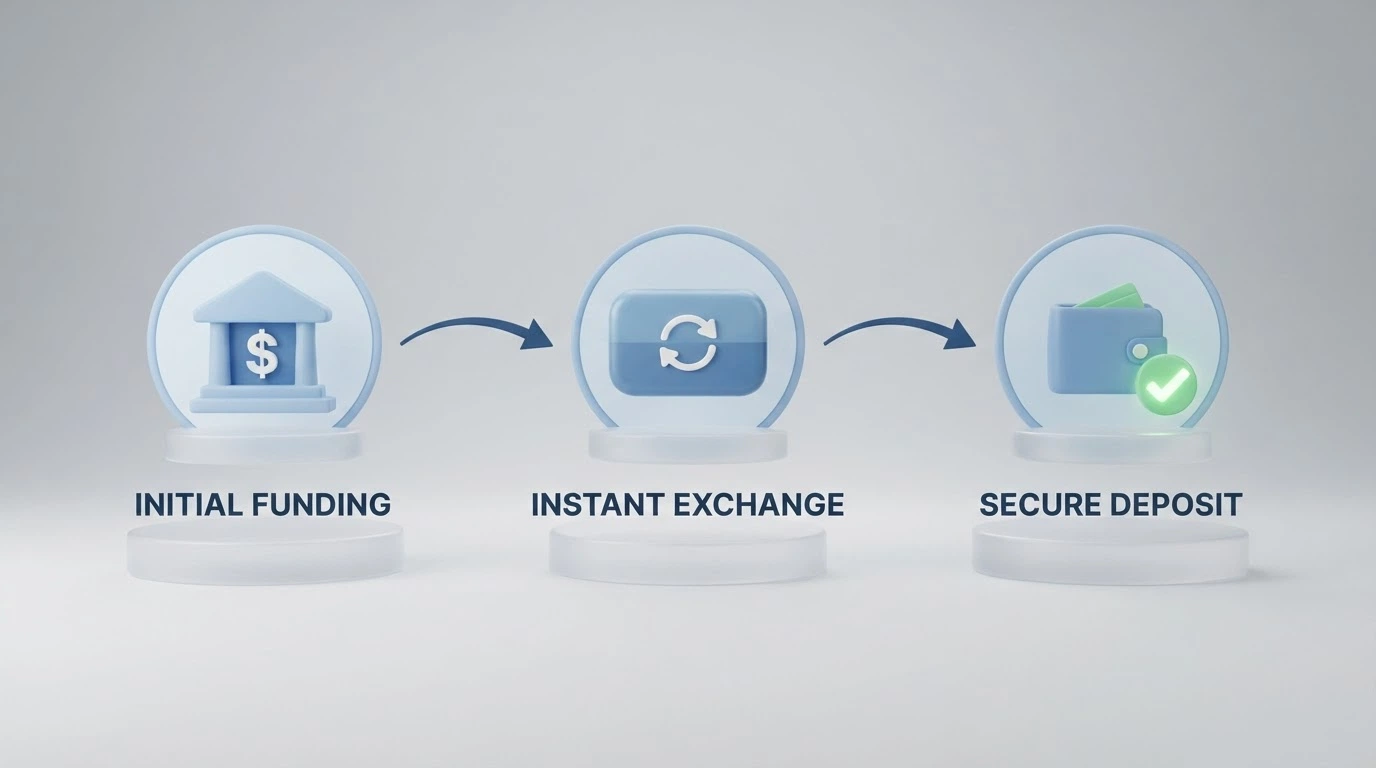 A simplified three-step flow diagram showing an Australian bank transfer converting to SOL via an exchange, then moving to a casino wallet address, with a confirmation tick on a blockchain explorer