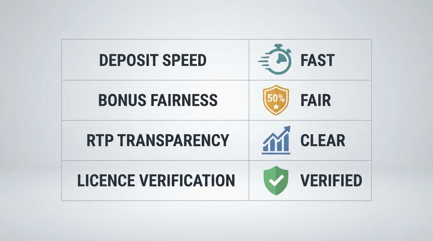 A clean methodology table or checklist showing the evaluation criteria — SOL speed, bonus fairness, RTP transparency, licence check — with source icons beside each row