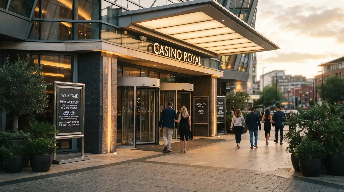 The main casino entrance at The Star Brisbane with the entry conditions and age requirement signage visible