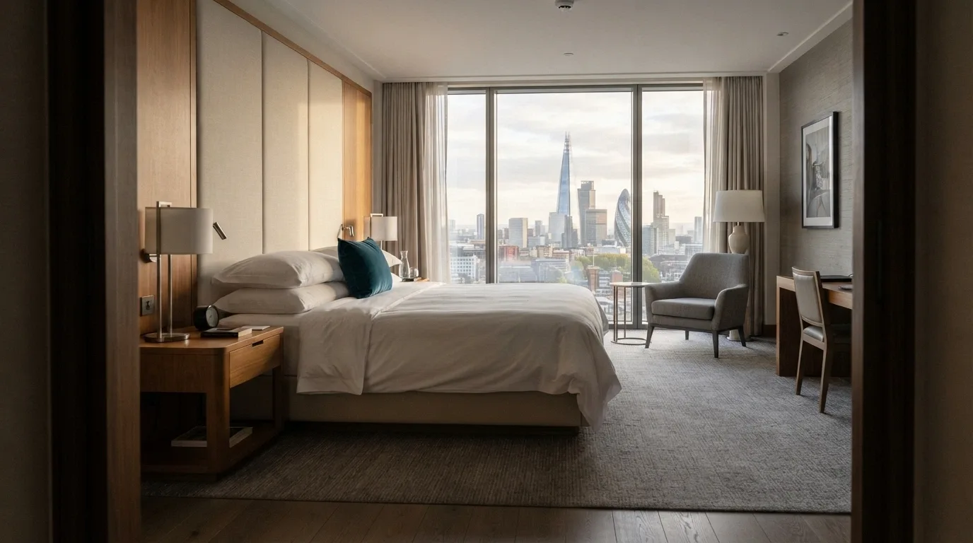 A premium guest room at The Star Grand Brisbane hotel, featuring floor-to-ceiling windows and contemporary Australian design