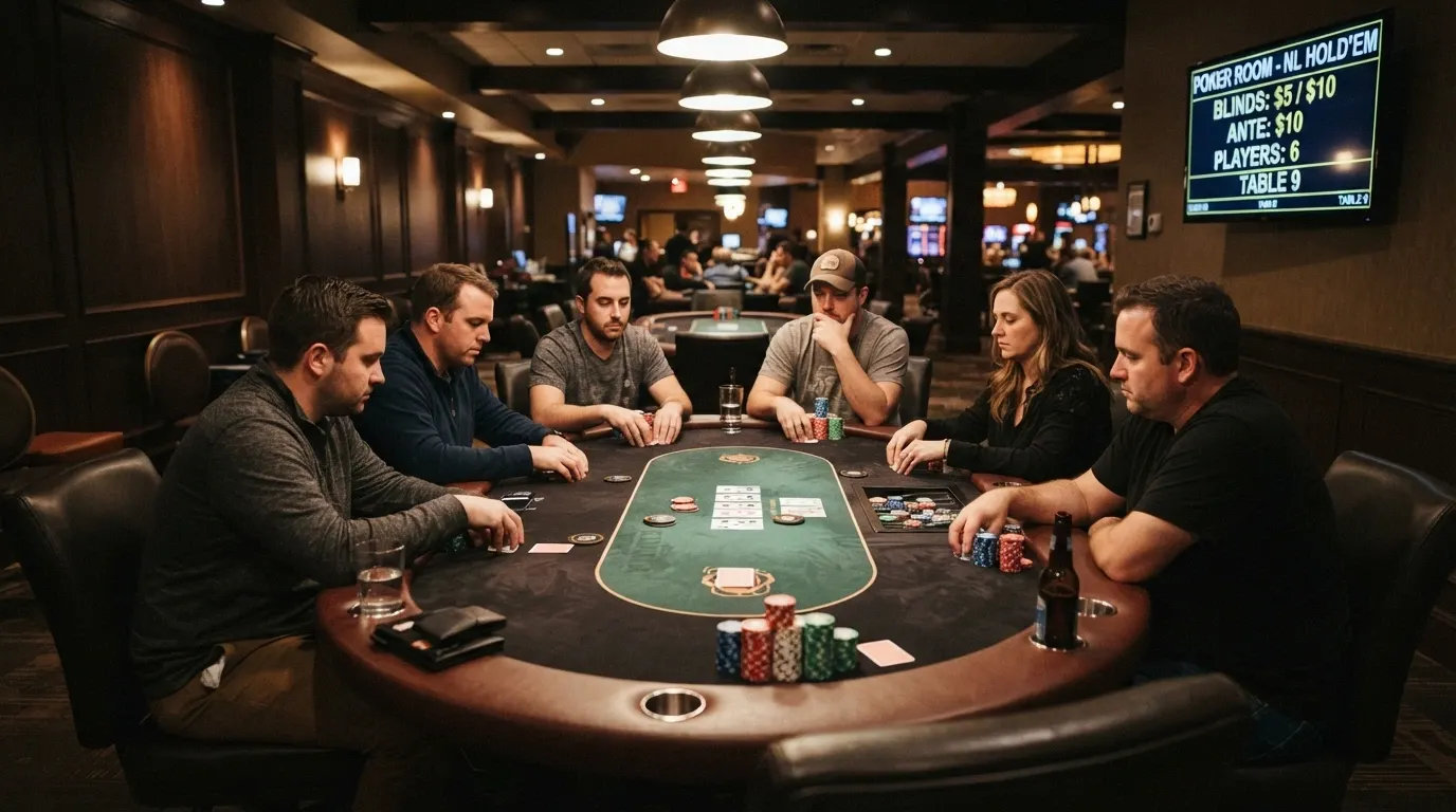 The Star Poker Brisbane room with players at an 8-handed table, chips and cards in play under focused lighting