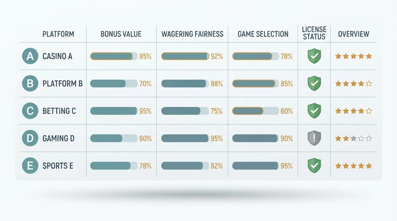 A comparison grid of casino names beside bonus figures and licence badges