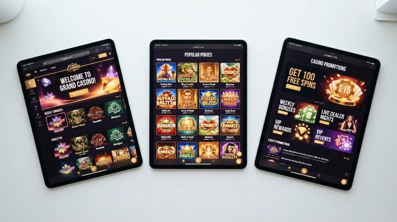 A split-screen view showing three different iPad casino home screens side by side, each displaying a welcome-bonus banner and a game lobby