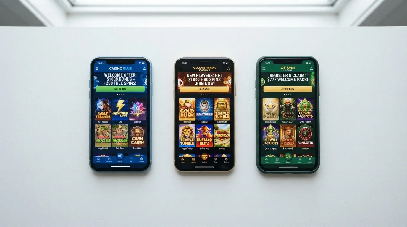 A side-by-side grid of casino app home screens showing different game lobbies, bonus banners and AUD currency markers