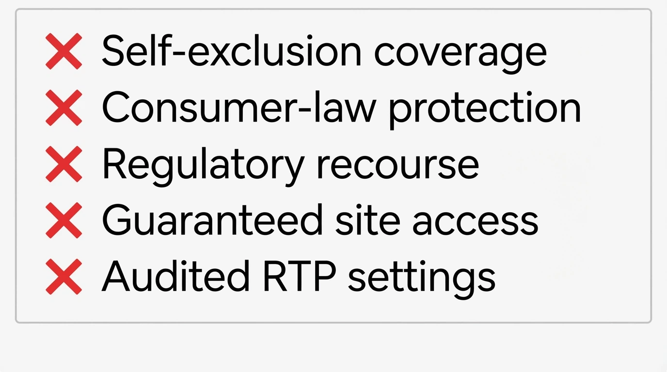 A visual checklist with items crossed off — BetStop, consumer protection, withdrawal guarantee, regulatory recourse