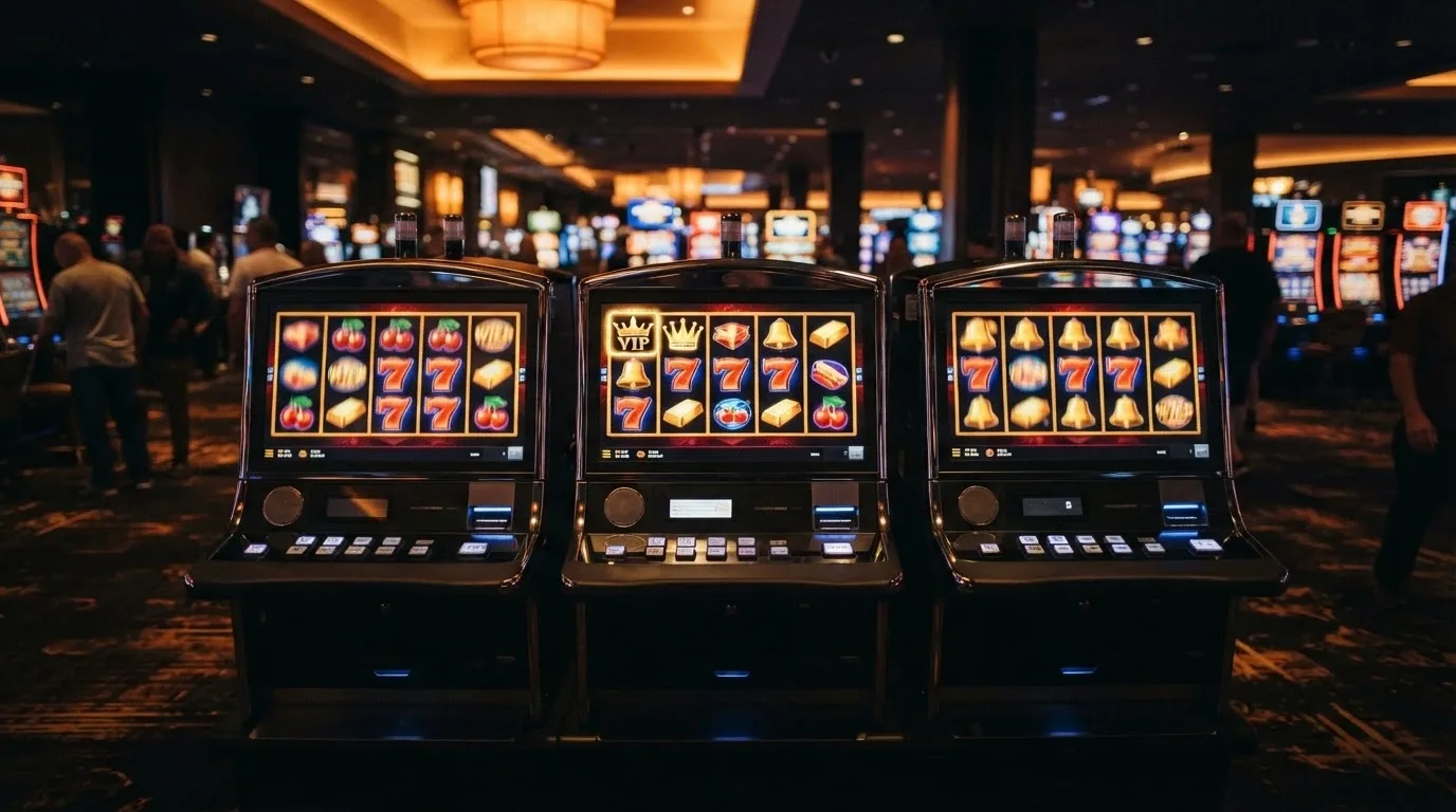 A row of high-limit online pokie machine screens with a glowing VIP badge on the centre display