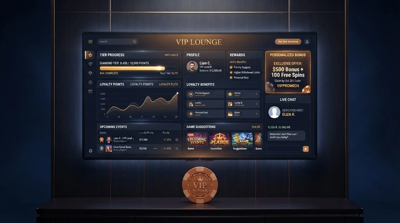 A digital rendering of an exclusive online casino VIP room interface with a dedicated host chat window and personalised bonus dashboard