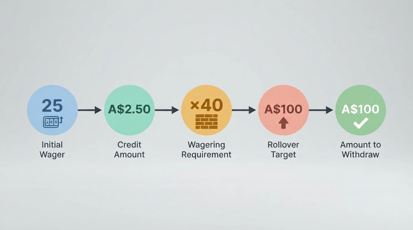 A simple visual flow: 25 spins → $2.50 in winnings → a 40× multiplier wall → $100 in required turnover → a $100 cashout cap at the finish line
