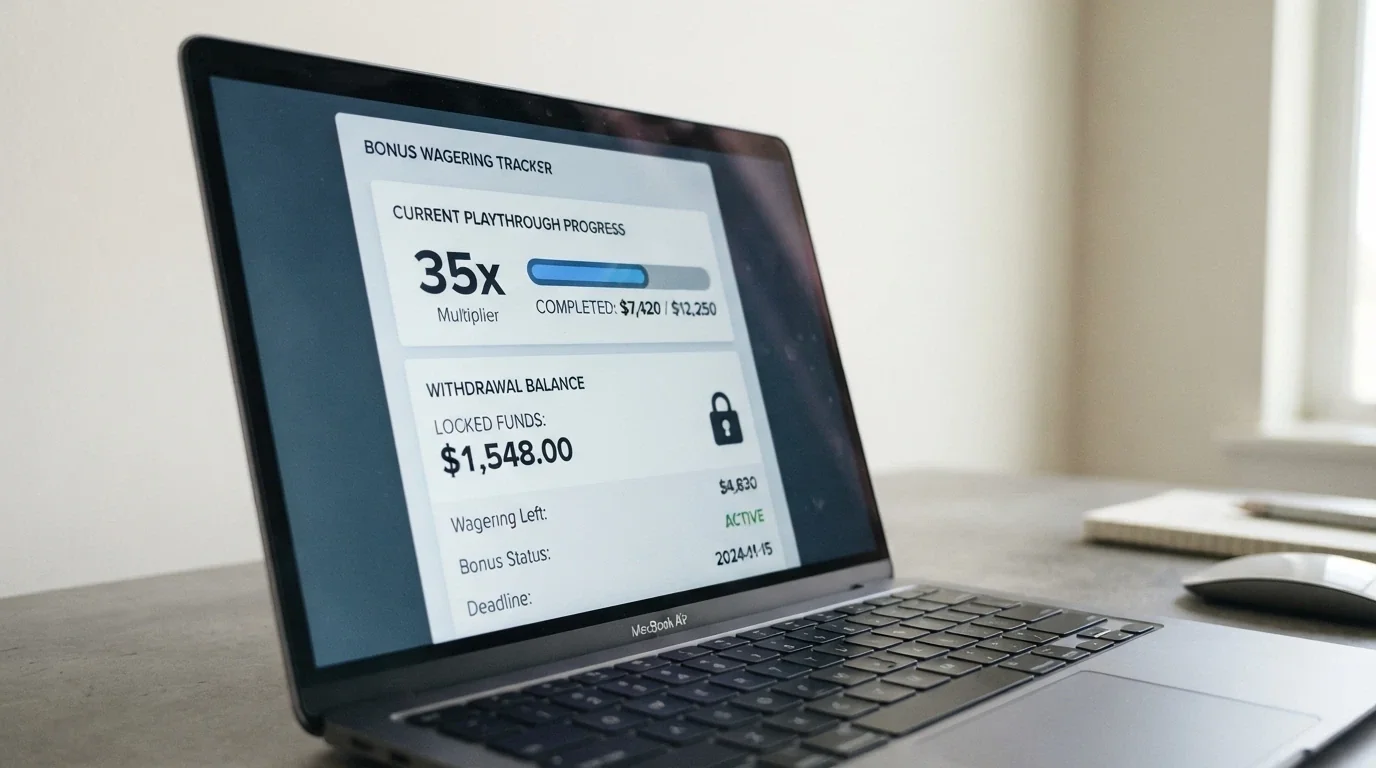 A close-up of a casino bonus terms panel showing a wagering requirement figure next to a locked withdrawal balance on screen