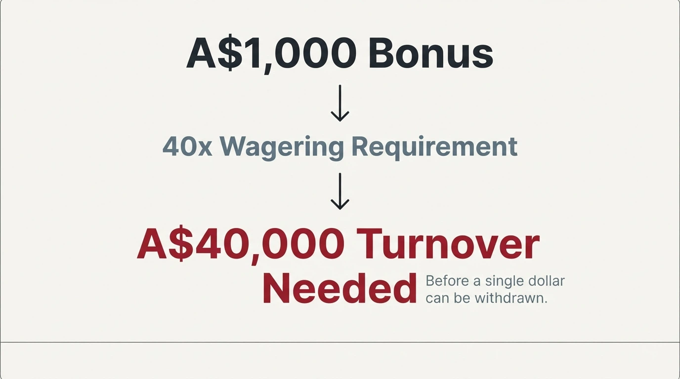 A diagram breaking a A$1,000 bonus with 40x wagering into the A$40,000 turnover needed before a withdrawal is possible