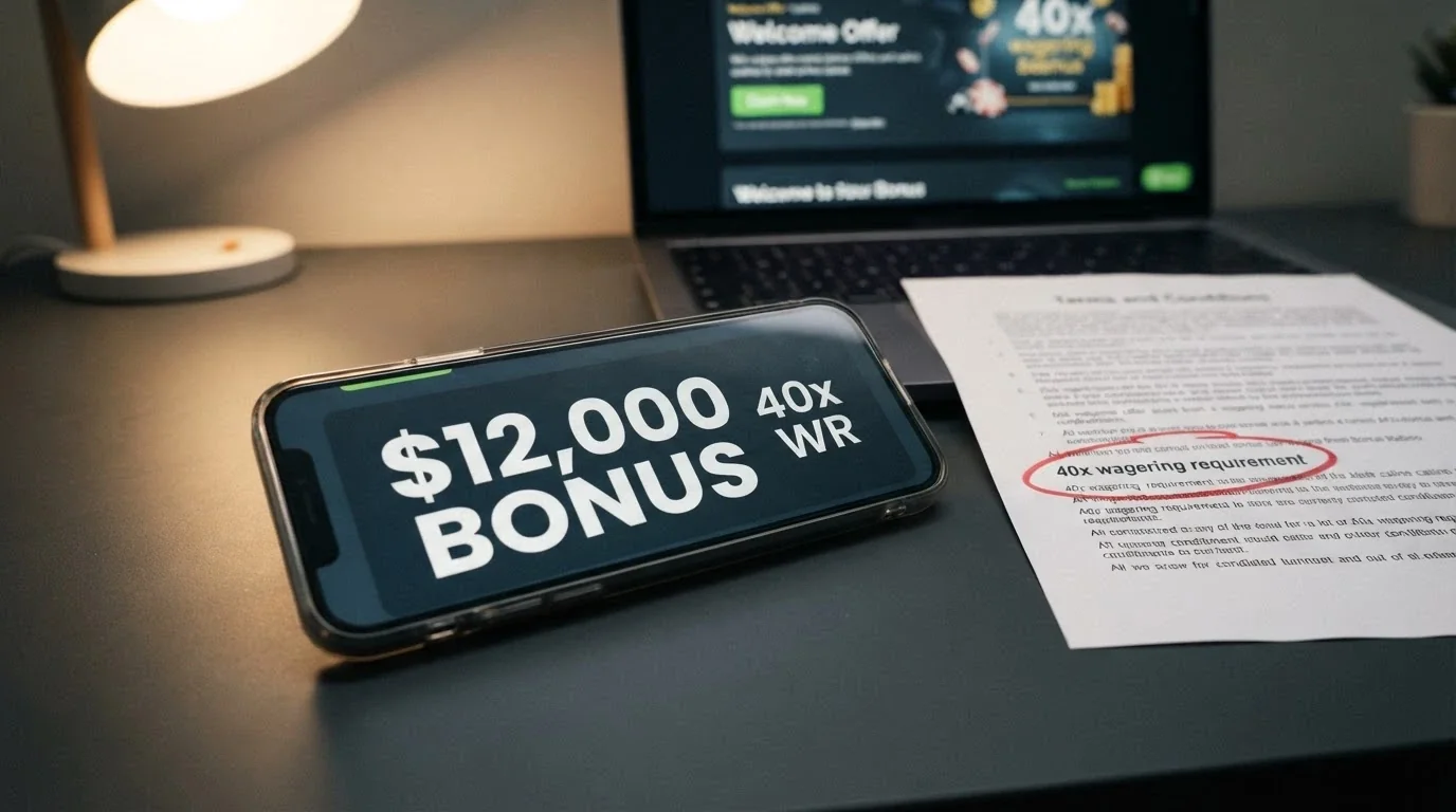 A close-up of a smartphone calculator showing “$12,000” with casino wagering terms visible on a screen behind it, the 40x multiplier circled in red