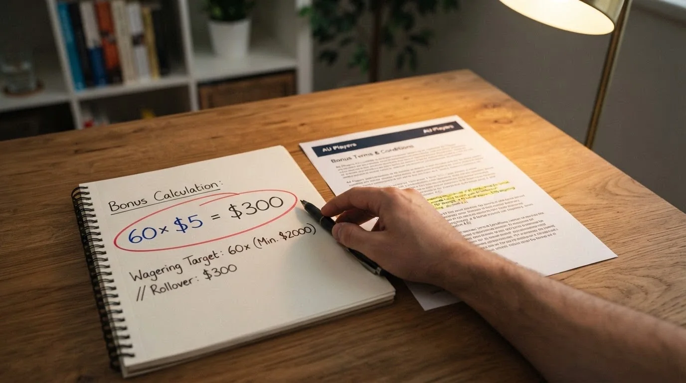 A calculator beside a casino bonus terms page with the wagering multiple highlighted