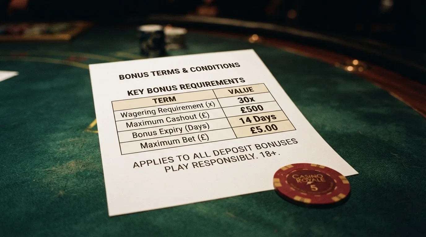 A close-up of a casino bonus terms panel listing wagering requirement, max cashout, expiry and eligible games in a table layout.