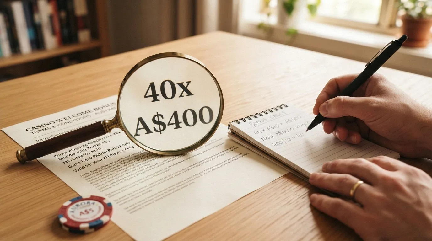 A magnifying glass over a casino bonus terms page with wagering-multiplier figures and a calculator beside the document
