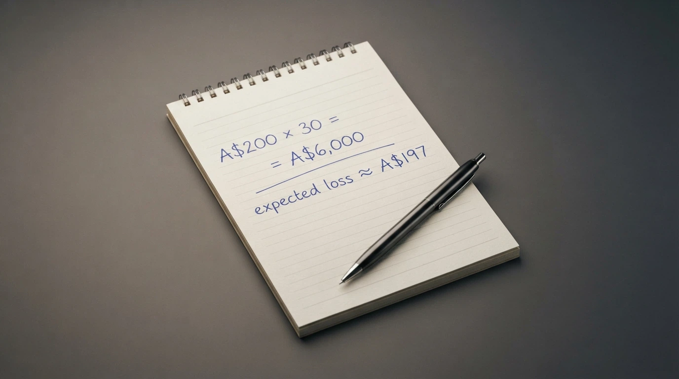 A notepad-style breakdown showing a A$200 bonus multiplied by a 30× wagering requirement equals A$6,000 in turnover, with a calculator beside it