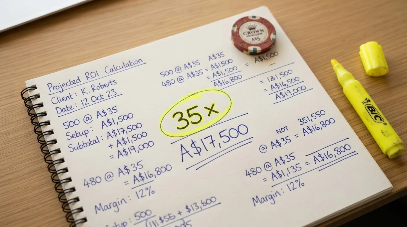 A close-up of bonus terms and conditions text with a highlighter marking the wagering multiplier and a calculator next to it