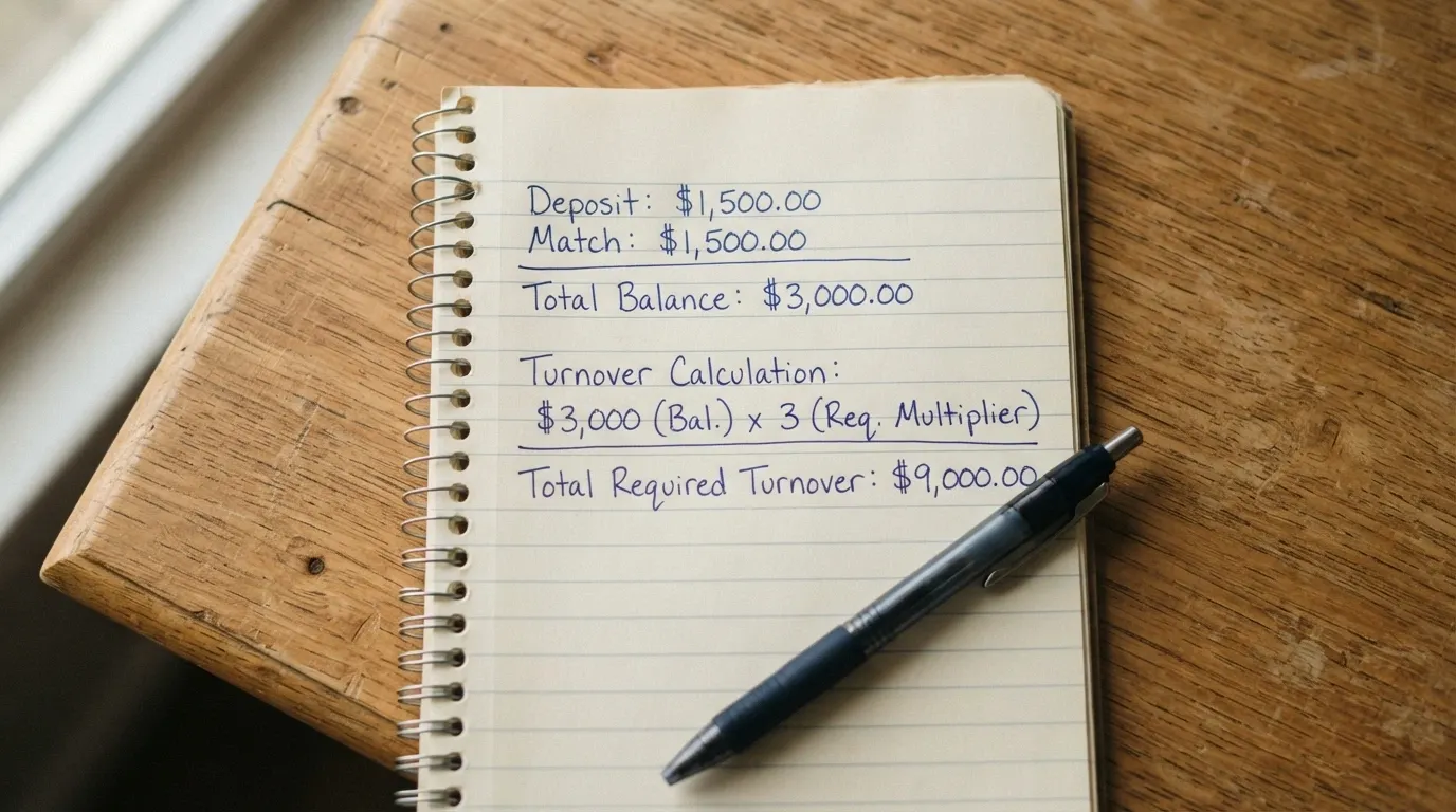 A calculator or notepad showing the maths: $10 deposit × 100% match = $20 balance, × 35× wagering = $700 in required turnover.