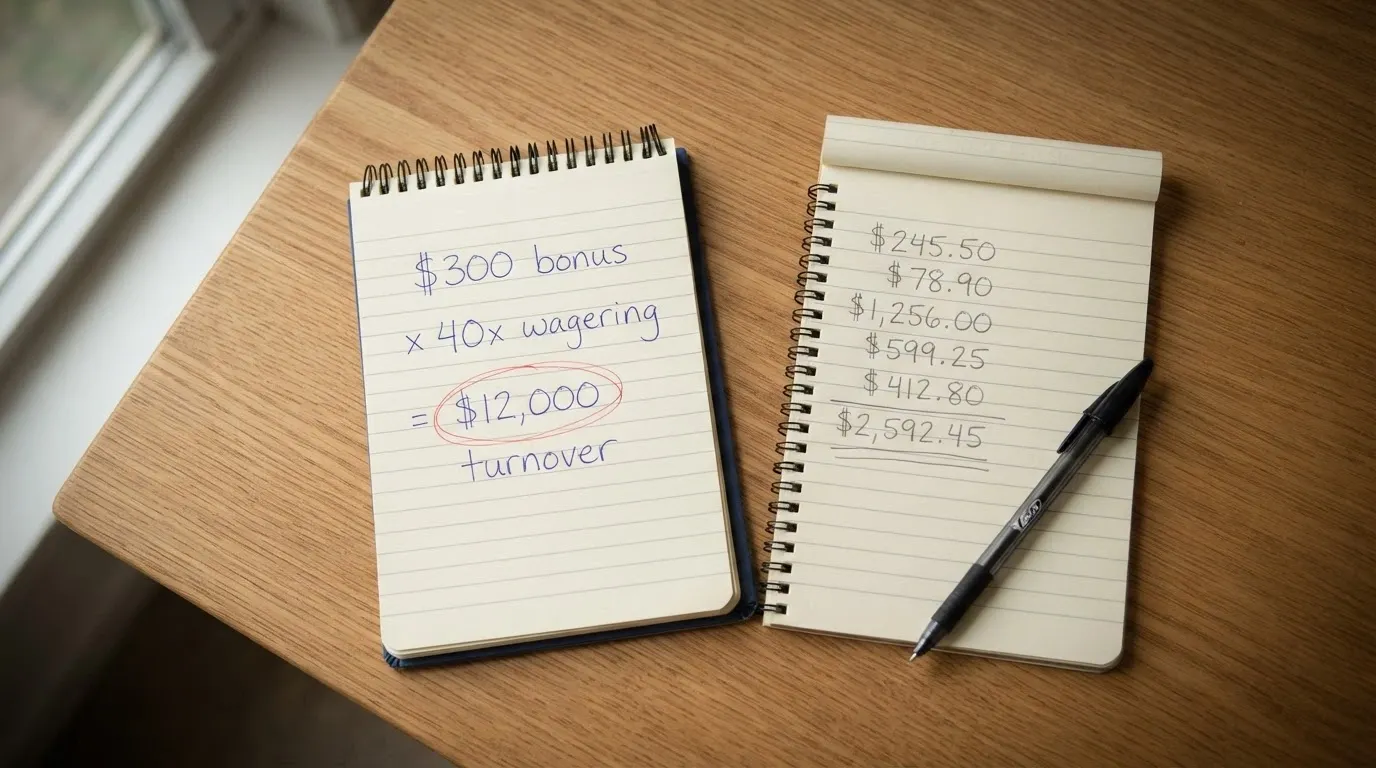 A close-up of a notepad with handwritten bonus arithmetic — “$300 bonus × 40x wagering = $12,000 turnover” circled, with a calculator and pen beside it