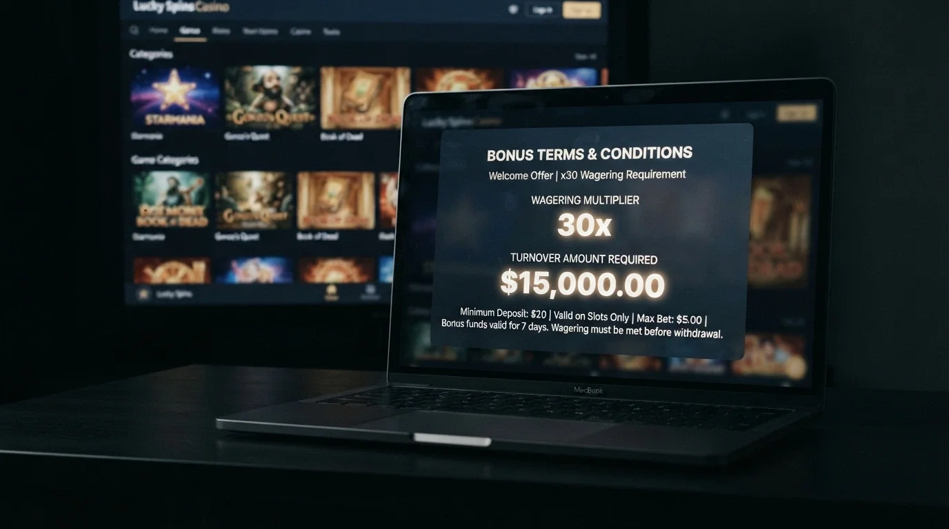 A close-up of a casino bonus terms panel with the wagering multiple and turnover figure highlighted against the game lobby behind it