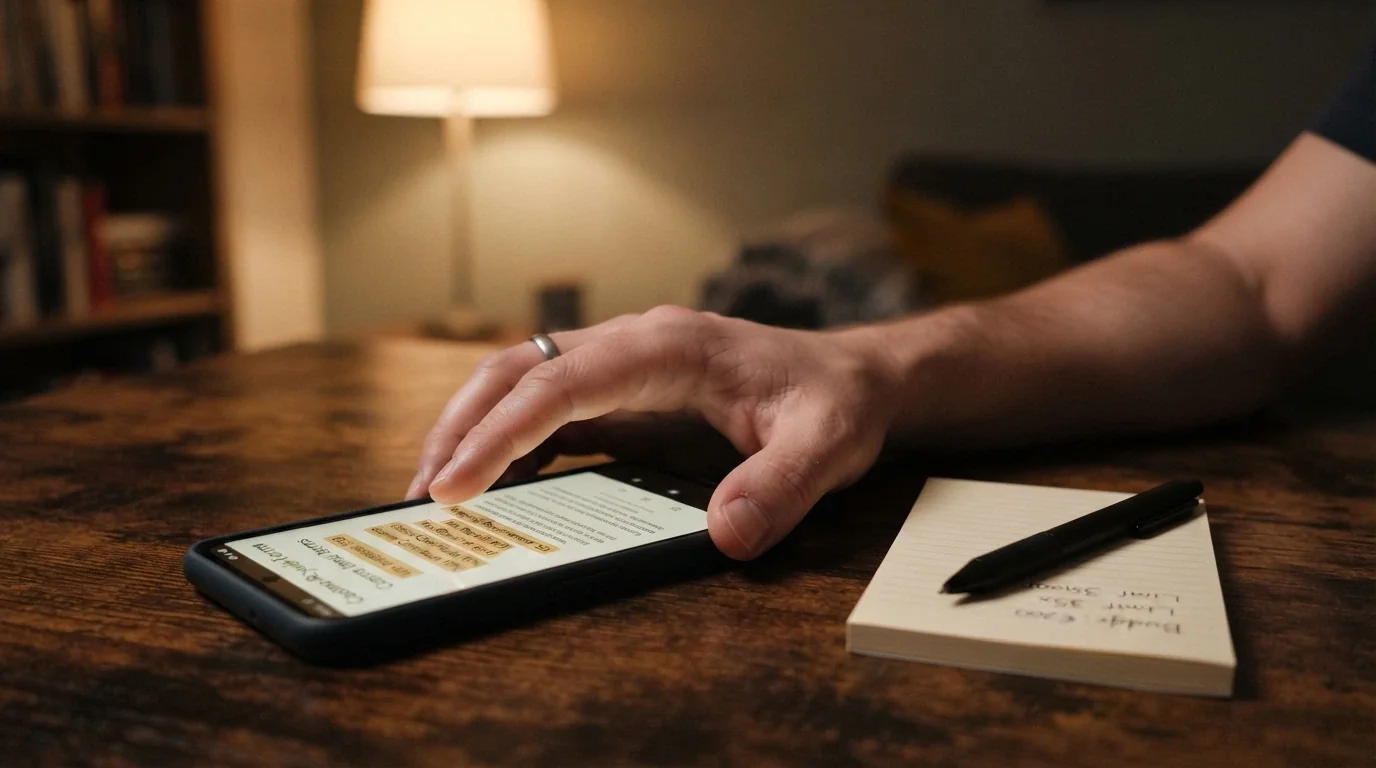 A close-up of a person's hand resting on a smartphone on a table, the phone screen showing a casino terms page with key figures highlighted, a notepad and pen beside it